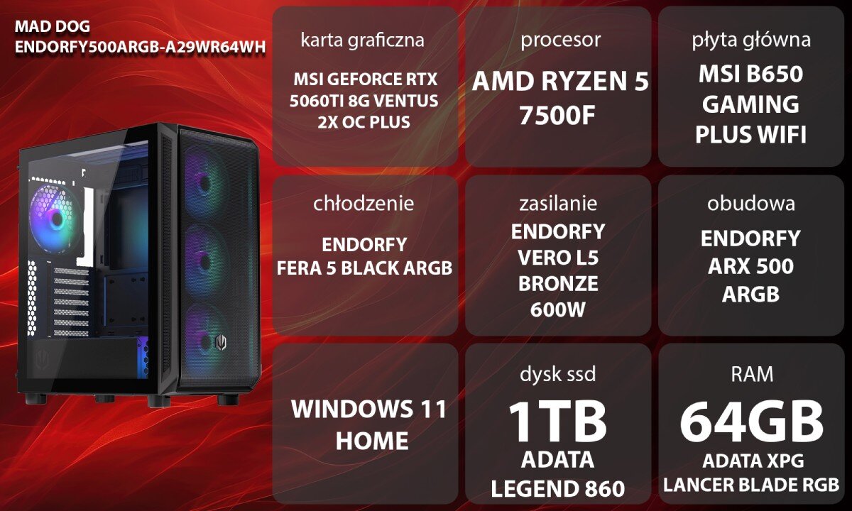 Komputer MAD DOG ENDORFY500ARGB-A29WR64WH Zestaw komputerowy przedstawiony z boku, z widocznymi wentylatorami i wnętrzem obudowy; obok znajduje się lista komponentów sprzętowych na czerwonym tle, opis