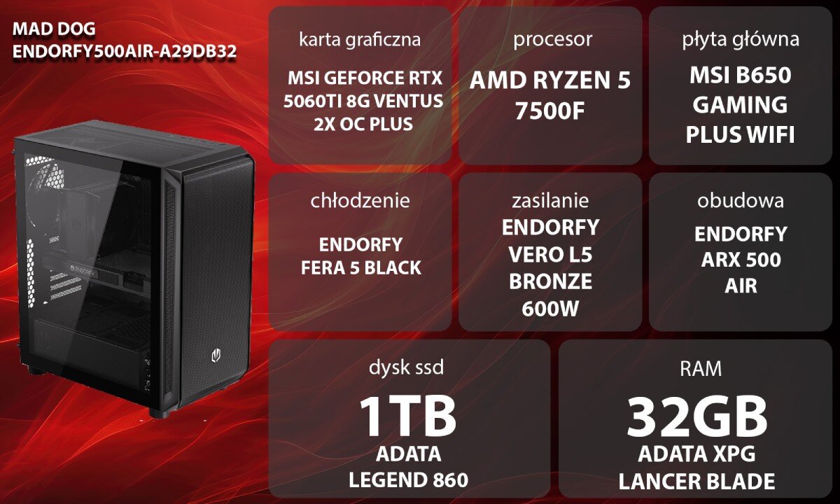 Komputer MAD DOG ENDORFY500AIR-A29DB32 Zestaw komputerowy przedstawiony z boku, z widocznymi wentylatorami i wnętrzem obudowy; obok znajduje się lista komponentów sprzętowych na czerwonym tle, opis