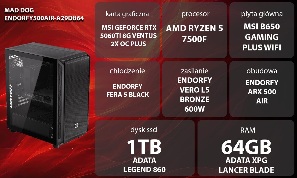 Komputer MAD DOG ENDORFY500AIR-A29DB64 Zestaw komputerowy przedstawiony z boku, z widocznymi wentylatorami i wnętrzem obudowy; obok znajduje się lista komponentów sprzętowych na czerwonym tle, opis