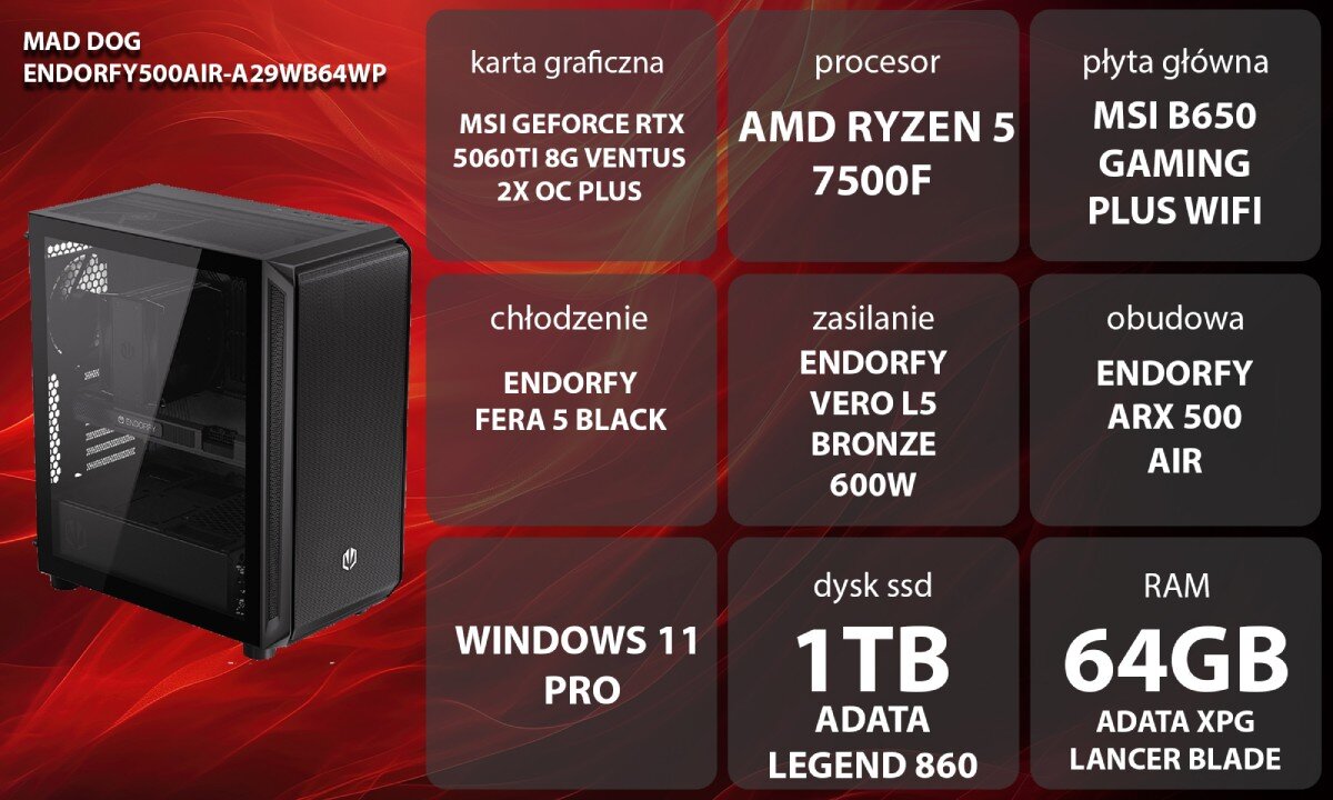 Komputer MAD DOG ENDORFY500AIR-A29WB64WP Zestaw komputerowy przedstawiony z boku, z widocznymi wentylatorami i wnętrzem obudowy; obok znajduje się lista komponentów sprzętowych na czerwonym tle, opis