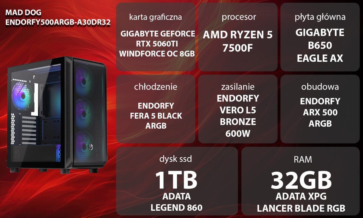 Komputer MAD DOG ENDORFY500ARGB-A30DR32 Zestaw komputerowy przedstawiony z boku, z widocznymi wentylatorami i wnętrzem obudowy; obok znajduje się lista komponentów sprzętowych na czerwonym tle, opis