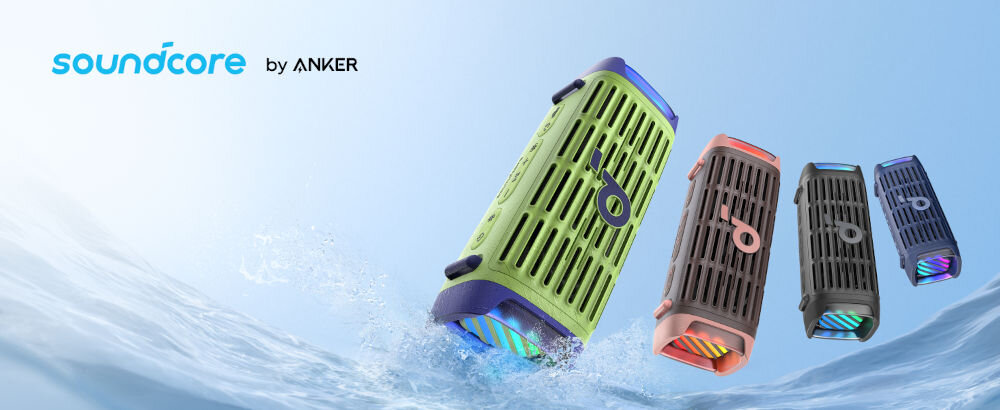 Głośnik mobilny SOUNDCORE Boom 3I - Moc dźwięku na każdą przygodę, różne warianty kolorystyczne głośnika na błękitnym tle