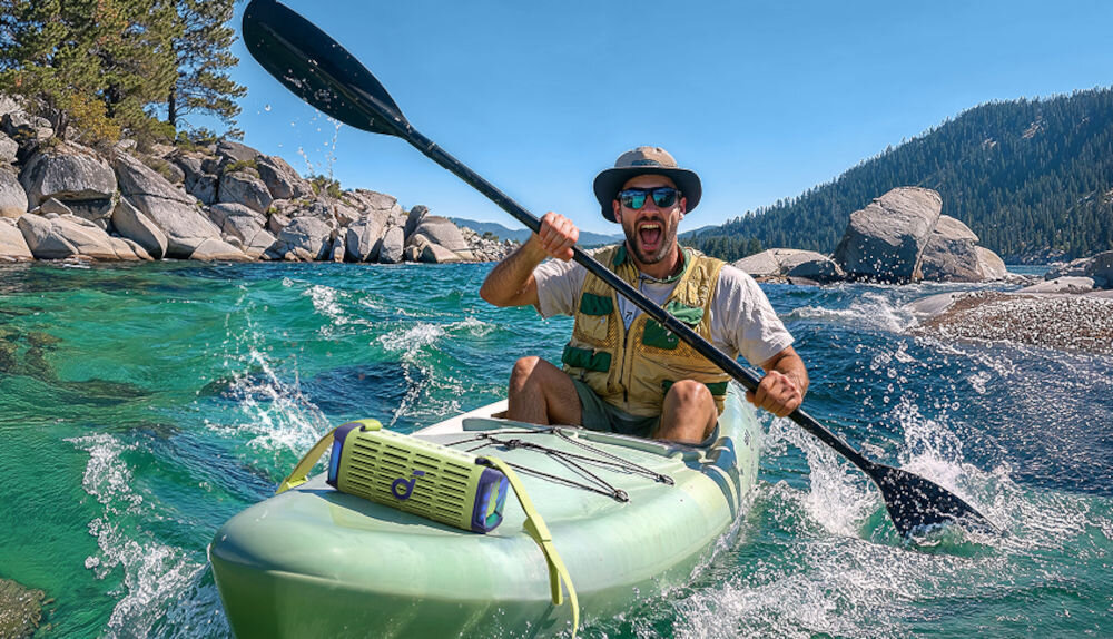 Głośnik mobilny SOUNDCORE Boom 3I - Ochrona przed wodą i kurzem, IP68, odporny na kurz i pełne zanurzenie w wodzie, głębokość do 1,5 metra przez 30 minut, osoba w kajaku z zamocowanym głośnikiem