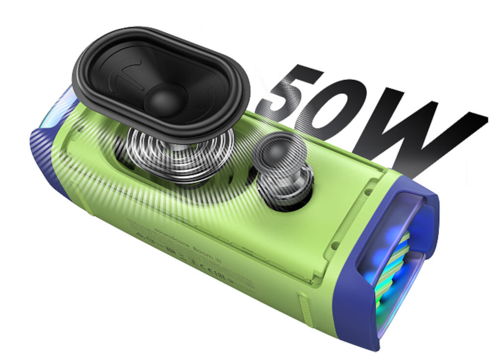 Głośnik mobilny SOUNDCORE Boom 3I - Czystość tonów i dynamika, 9,3-centymetrowy głośnik niskotonowy o mocy 40 W, głośnik wysokotonowy 10 W, głośnik z przekrojem głośnika wysoko i niskotonowego na jasnym tle