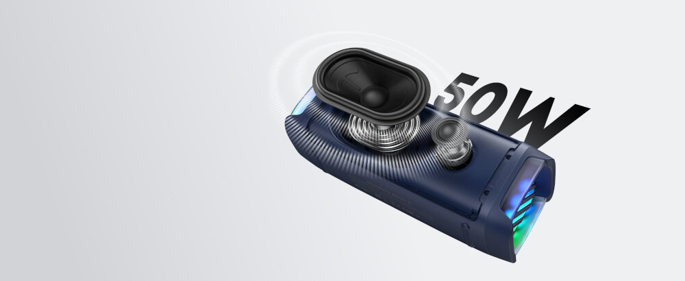 Głośnik mobilny SOUNDCORE Boom 3I - Czystość tonów i dynamika, 9,3-centymetrowy głośnik niskotonowy o mocy 40 W, głośnik wysokotonowy 10 W, głośnik z przekrojem głośnika wysoko i niskotonowego na jasnym tle