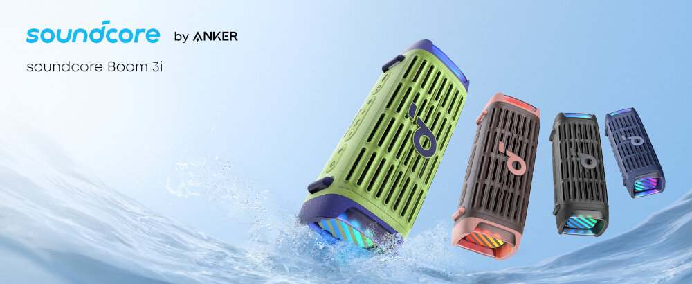 Głośnik mobilny SOUNDCORE Boom 3I - Moc dźwięku na każdą przygodę, różne warianty kolorystyczne głośnika na błękitnym tle