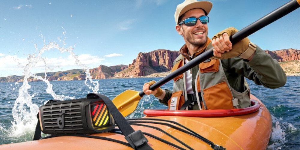 Głośnik mobilny SOUNDCORE Boom 3I - Ochrona przed wodą i kurzem, IP68, odporny na kurz i pełne zanurzenie w wodzie, głębokość do 1,5 metra przez 30 minut, osoba w kajaku z zamocowanym głośnikiem