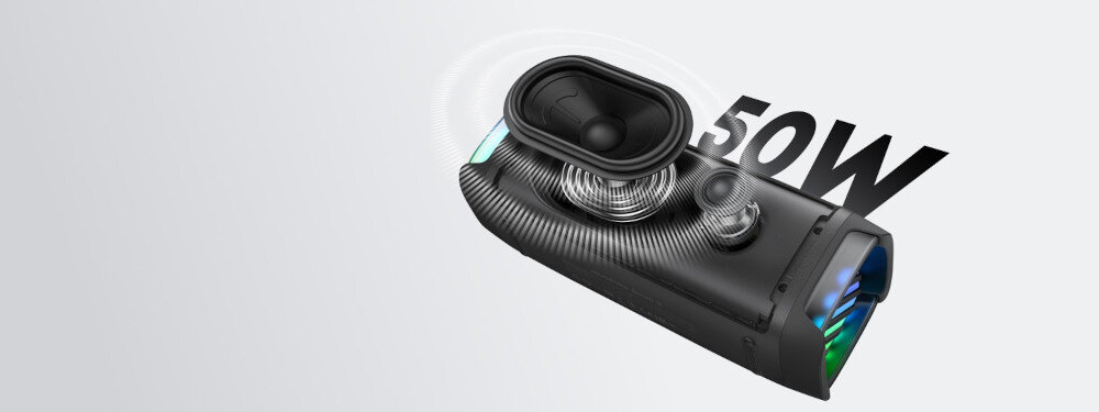 Głośnik mobilny SOUNDCORE Boom 3I - Czystość tonów i dynamika, 9,3-centymetrowy głośnik niskotonowy o mocy 40 W, głośnik wysokotonowy 10 W, głośnik z przekrojem głośnika wysoko i niskotonowego na jasnym tle