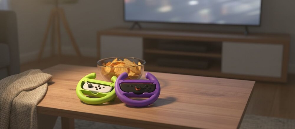Zielona i fioletowa kierownica do Joy-Con leżą na drewnianym stoliku obok miski chipsów, w tle rozmyty telewizor w przytulnym salonie.