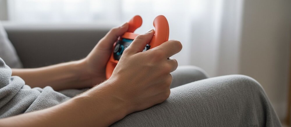 Osoba siedząca na sofie trzyma w dłoniach pomarańczową kierownicę do Joy-Con, ujęcie z bliska na dłonie i urządzenie.
