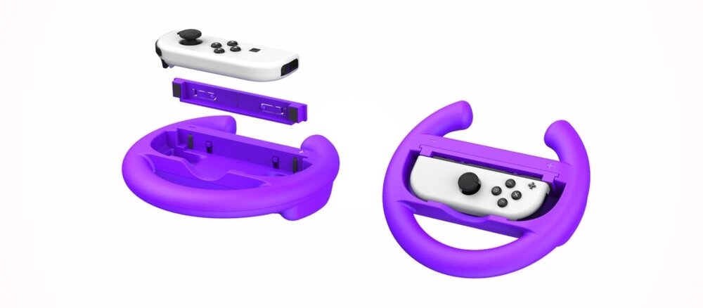 Fioletowa kierownica do Joy-Con na białym tle, obok niej pokazany w powietrzu rozłożony kontroler i uchwyt, widok prezentujący sposób montażu.