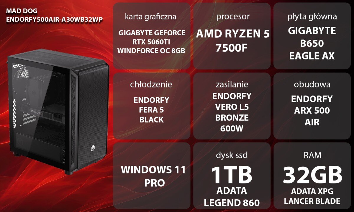 Komputer MAD DOG ENDORFY500AIR-A30WB32WP Zestaw komputerowy przedstawiony z boku, z widocznymi wentylatorami i wnętrzem obudowy; obok znajduje się lista komponentów sprzętowych na czerwonym tle, opis