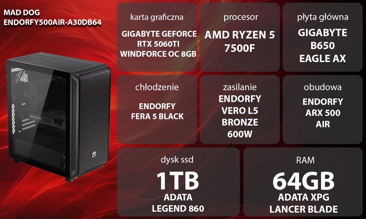 Komputer MAD DOG ENDORFY500AIR-A30DB64 Zestaw komputerowy przedstawiony z boku, z widocznymi wentylatorami i wnętrzem obudowy; obok znajduje się lista komponentów sprzętowych na czerwonym tle, opis