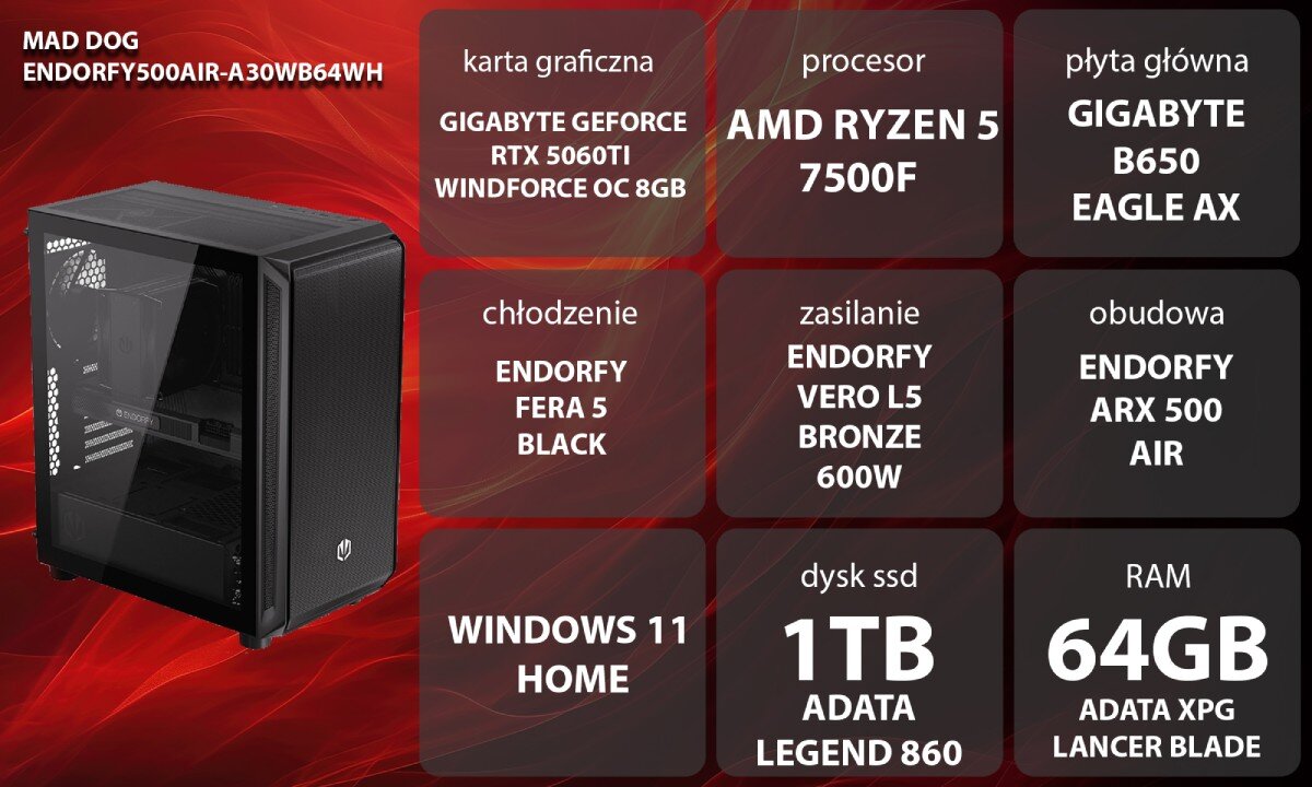 Komputer MAD DOG ENDORFY500AIR-A30WB64WH Zestaw komputerowy przedstawiony z boku, z widocznymi wentylatorami i wnętrzem obudowy; obok znajduje się lista komponentów sprzętowych na czerwonym tle, opis