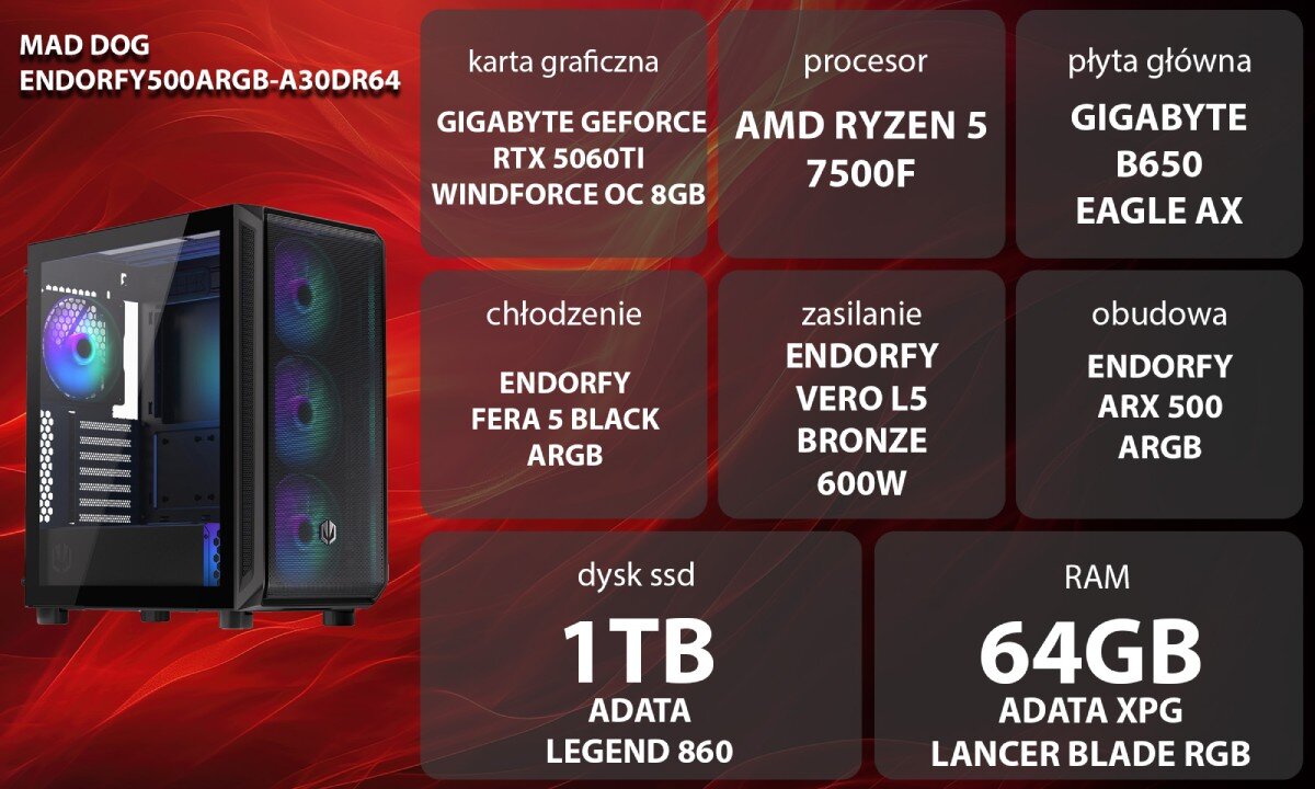 Komputer MAD DOG ENDORFY500ARGB-A30DR64 Zestaw komputerowy przedstawiony z boku, z widocznymi wentylatorami i wnętrzem obudowy; obok znajduje się lista komponentów sprzętowych na czerwonym tle, opis