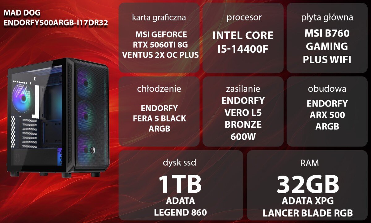Komputer MAD DOG ENDORFY500ARGB-I17DR32 Zestaw komputerowy przedstawiony z boku, z widocznymi wentylatorami i wnętrzem obudowy; obok znajduje się lista komponentów sprzętowych na czerwonym tle, opis
