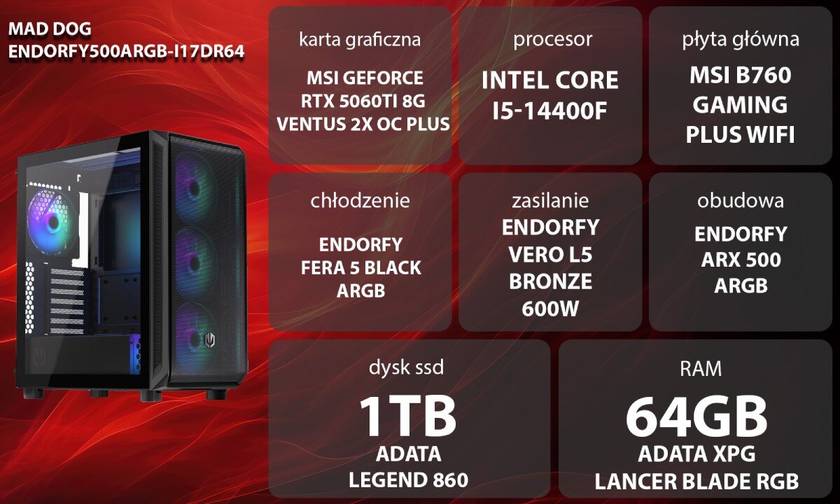 Komputer MAD DOG ENDORFY500ARGB-I17DR64 Zestaw komputerowy przedstawiony z boku, z widocznymi wentylatorami i wnętrzem obudowy; obok znajduje się lista komponentów sprzętowych na czerwonym tle, opis