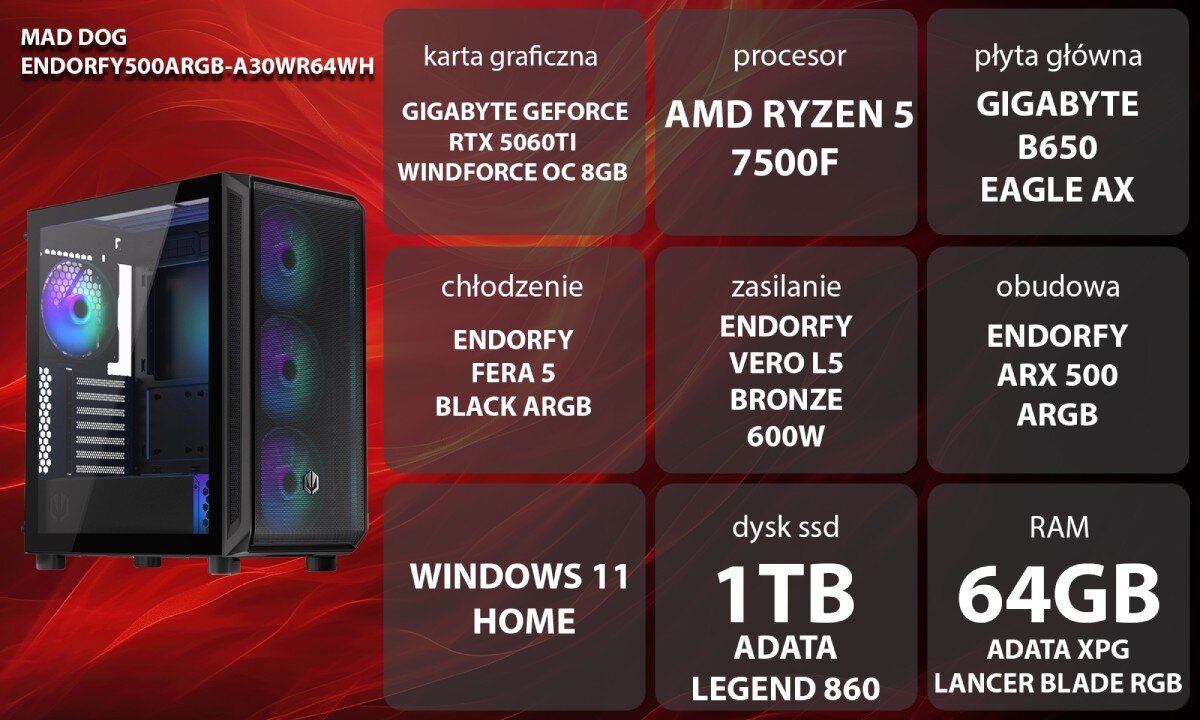 Komputer MAD DOG ENDORFY500ARGB-A30WR64WH Zestaw komputerowy przedstawiony z boku, z widocznymi wentylatorami i wnętrzem obudowy; obok znajduje się lista komponentów sprzętowych na czerwonym tle, opis
