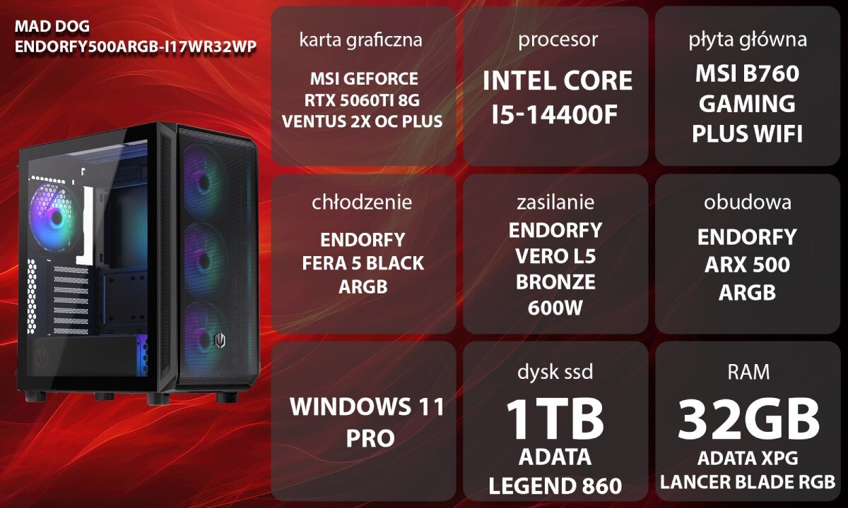 Komputer MAD DOG ENDORFY500ARGB-I17WR32WP Zestaw komputerowy przedstawiony z boku, z widocznymi wentylatorami i wnętrzem obudowy; obok znajduje się lista komponentów sprzętowych na czerwonym tle, opis