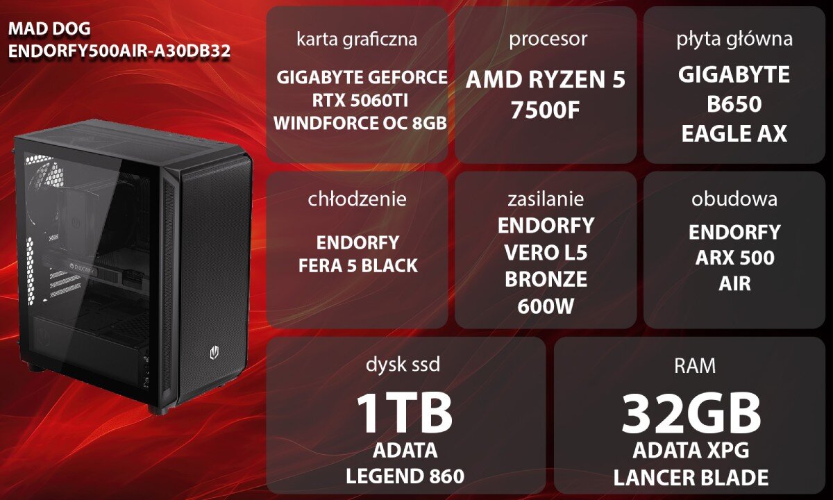 Komputer MAD DOG ENDORFY500AIR-A30DB32 Zestaw komputerowy przedstawiony z boku, z widocznymi wentylatorami i wnętrzem obudowy; obok znajduje się lista komponentów sprzętowych na czerwonym tle, opis
