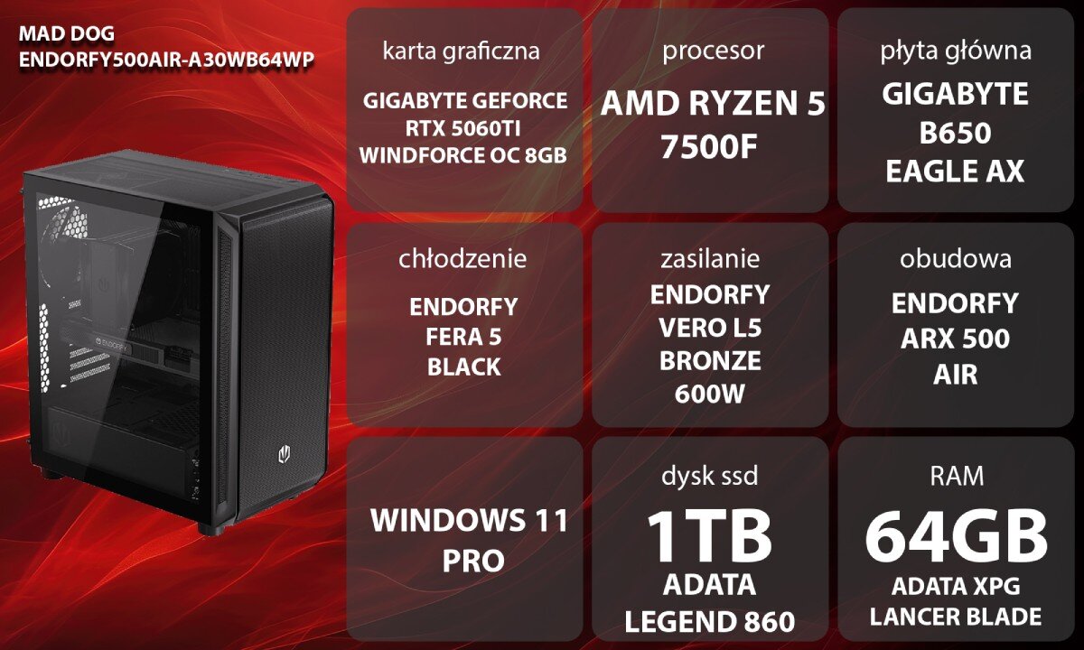 Komputer MAD DOG ENDORFY500AIR-A30WB64WP Zestaw komputerowy przedstawiony z boku, z widocznymi wentylatorami i wnętrzem obudowy; obok znajduje się lista komponentów sprzętowych na czerwonym tle, opis