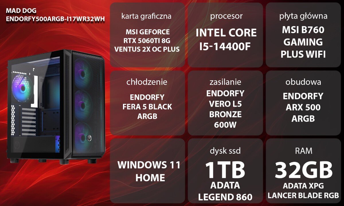 Komputer MAD DOG ENDORFY500ARGB-I17WR32WH Zestaw komputerowy przedstawiony z boku, z widocznymi wentylatorami i wnętrzem obudowy; obok znajduje się lista komponentów sprzętowych na czerwonym tle, opis
