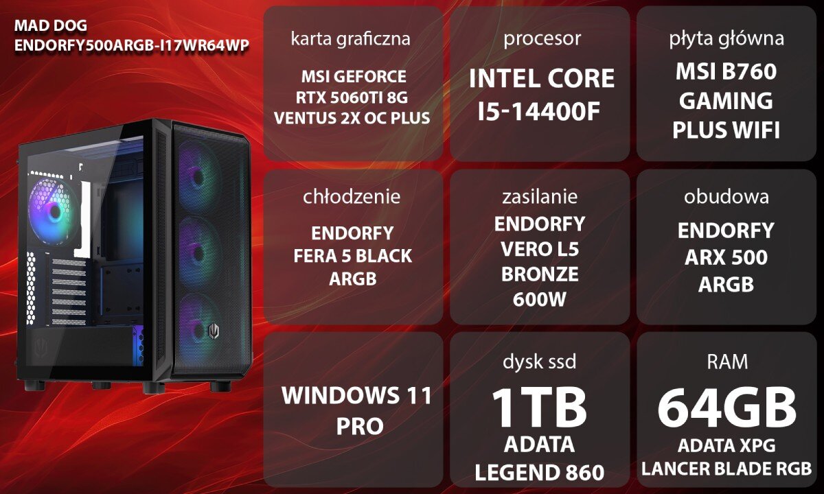 Komputer MAD DOG ENDORFY500ARGB-I17WR64WP Zestaw komputerowy przedstawiony z boku, z widocznymi wentylatorami i wnętrzem obudowy; obok znajduje się lista komponentów sprzętowych na czerwonym tle, opis