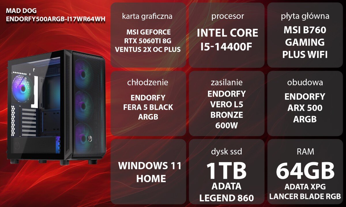 Komputer MAD DOG ENDORFY500ARGB-I17WR64WH Zestaw komputerowy przedstawiony z boku, z widocznymi wentylatorami i wnętrzem obudowy; obok znajduje się lista komponentów sprzętowych na czerwonym tle, opis