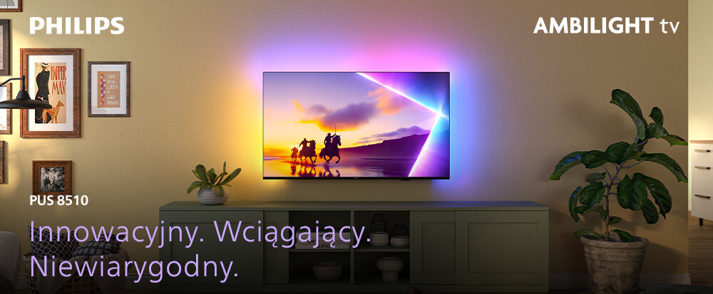 Telewizor wyświetla obraz z jeźdźcami na tle zachodzącego słońca, otoczony kolorowym światłem Ambilight. Widoczny tekst: \'PHILIPS\', \'AMBILIGHT tv\', \'PUS 8510\', \'Innowacyjny. Wciągający. Niewiarygodny.\'.