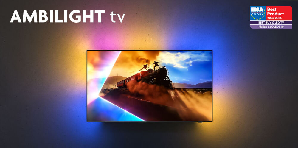 Telewizor PHILIPS 55OLED820 wyjątkowe doznania obrazu funkcja Ambilight, telewizor z Ambilight zawieszony na ścianie