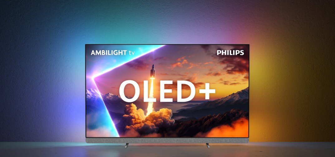 Telewizor PHILIPS 55OLED910 wciągające doświadczenie wizualne 4-stronne Ambilight immersja w filmach i grach, telewizor od frontu stojący na podłodze, funkcja Ambilight