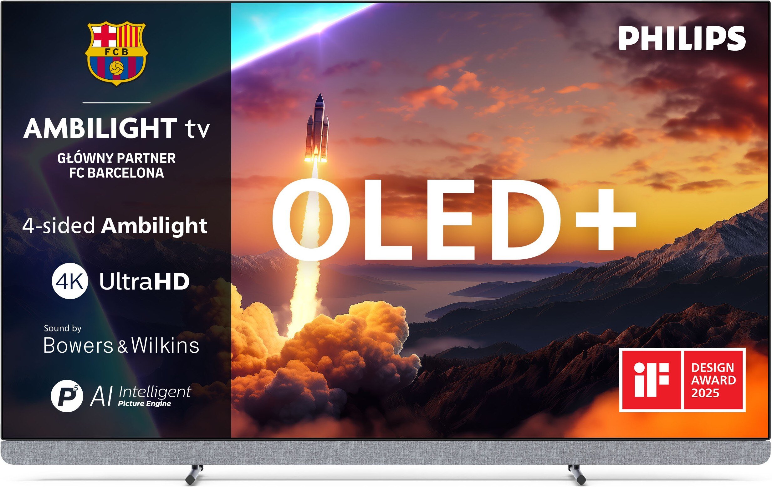 Telewizor PHILIPS 55OLED910 konstrukcja Ambilight elegancja pilot podświetlany recykling FSC, telewizor od frontu na białym tle