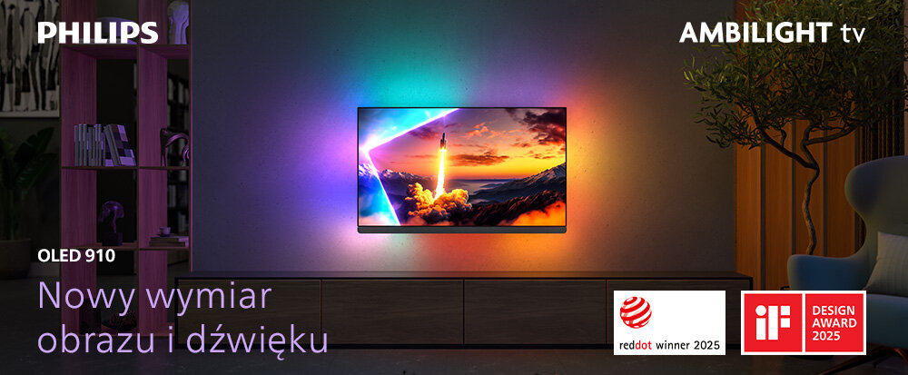 Na obrazie widoczny jest telewizor z kolorowym ekranem, zamontowany na ścianie, z efektem świetlnym Ambilight. Na obrazie znajdują się napisy: \'PHILIPS\', \'OLED 910\', \'Nowy wymiar obrazu i dźwięku\', \'AMBILIGHT tv\', oraz logotypy nagród \'reddot winner 2025\' i \'iF DESIGN AWARD 2025\'.