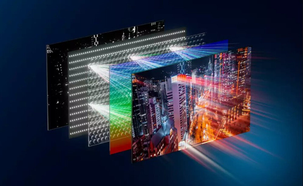 Telewizor PHILIPS 65OLED910 panel OLED META wysoka jasność kontrast szczegóły HDR, rozwarstwienie matrycy na ciemnym tle