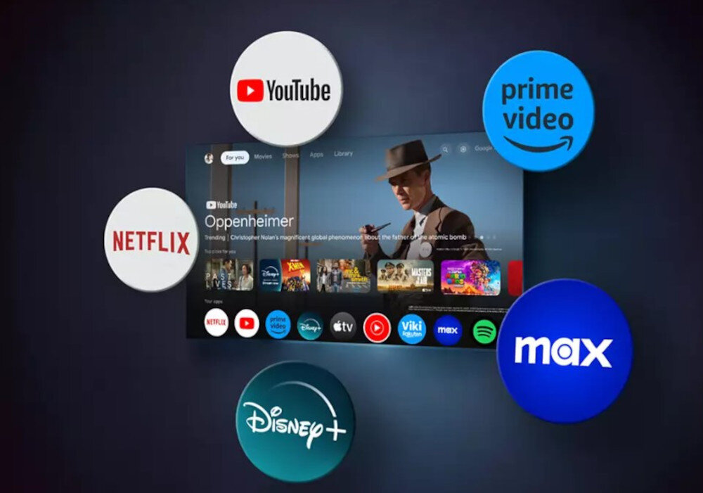 Telewizor PHILIPS 77OLED910 Google TV rekomendacje treści spersonalizowane filmy i programy, telewizor po skosie na ciemnym tle, loga platfrom streamingowych