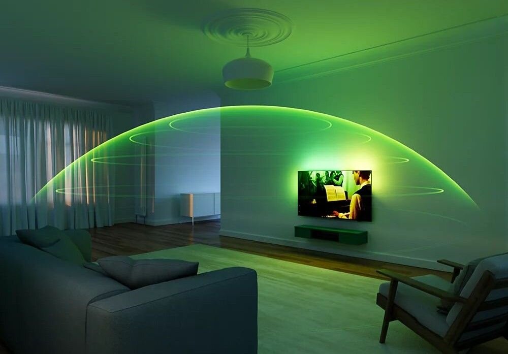 Telewizor PHILIPS 77OLED770 zawieszony na ścianie otoczony dźwiękiem