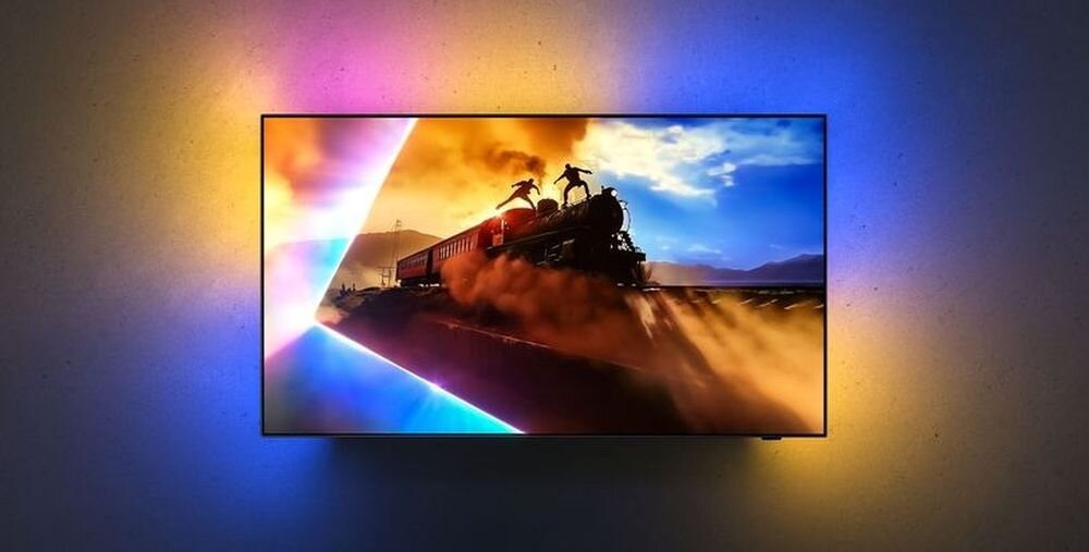 Telewizor PHILIPS 77OLED770 zawieszony na ścianie