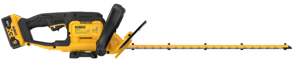 Nożyce do żywopłotu DEWALT DCMHT562P1-QW 550mm 18V akumulatorowe nożyce na białym tle widoczne z boku silnik szczotkowy płynna i przewidywalna praca kontrola nad narzędziem precyzyjne prowadzenie cięcia ogranicza szarpanie gałęzi.
