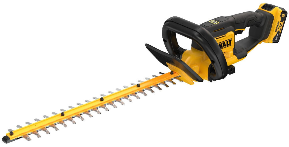 Nożyce do żywopłotu DEWALT DCMHT564P1-QW 550mm 18V akumulatorowe nożyce na białym tle widoczne od przodu pod skosem do regularnego przycinania krzewów żywopłotów formowania zielonych ścian w ogrodzie estetyczny wygląd roślin zasilanie akumulatorowe swobodne poruszanie się