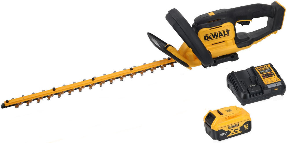 Nożyce do żywopłotu DEWALT DCMHT564P1-QW 550mm 18V akumulatorowe zestaw na białym tle w zestawie nożyce akumulator ładowarka dokumentacja