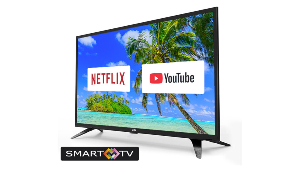 Telewizor LIN z wyświetlaczem pokazującym tropikalną plażę z palmami, na ekranie widoczne są loga Netflix i YouTube. Na dole znajduje się logo \'SMART TV\'.