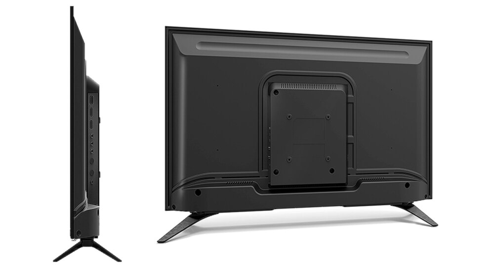 Obraz przedstawia tylną część telewizora z płaskim ekranem, zamontowanego na dwóch nóżkach. Widoczny jest panel z portami po boku urządzenia.