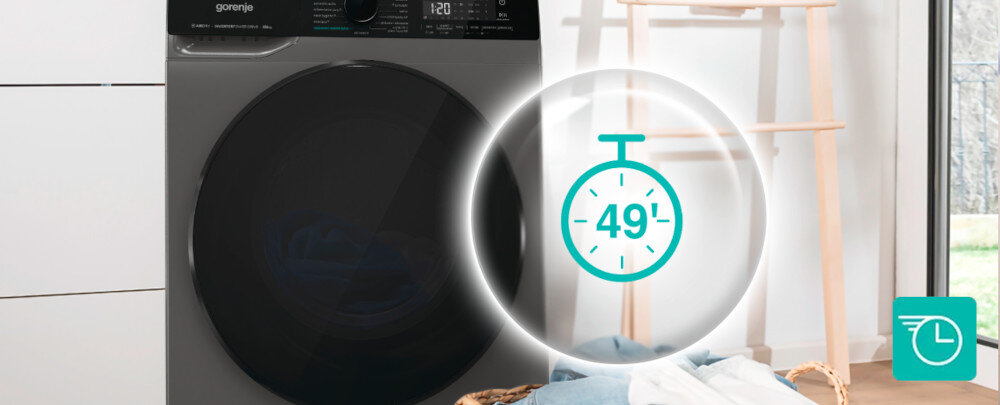 Pralko-suszarka GORENJE G600 WD2PA964ADT/PL Obok ciemnej pralko–suszarki Gorenje widoczna jest duża, półprzezroczysta grafika ze stoperem i liczbą „49”, sugerująca szybki, niecałogodzinny cykl prania lub prania‑suszenia. W prawym dolnym rogu umieszczono turkusową ikonkę prędkości z symbolem zegara, podkreślającą funkcję szybkiego programu oszczędzającego czas szybkie odświeżanie krótki program intensywne pranie lekka odzież gotowe tego samego dnia