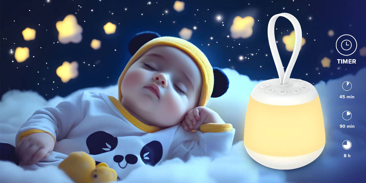 Lampka nocna LED NEWELL SeleneDream NL4496, timer, automatyzacja, energia, oszczędność, Śpiące niemowlę w otulinach obłoczków i gwiazd. Obok grafika świecącej lampki SeleneDream i funkcji timera.