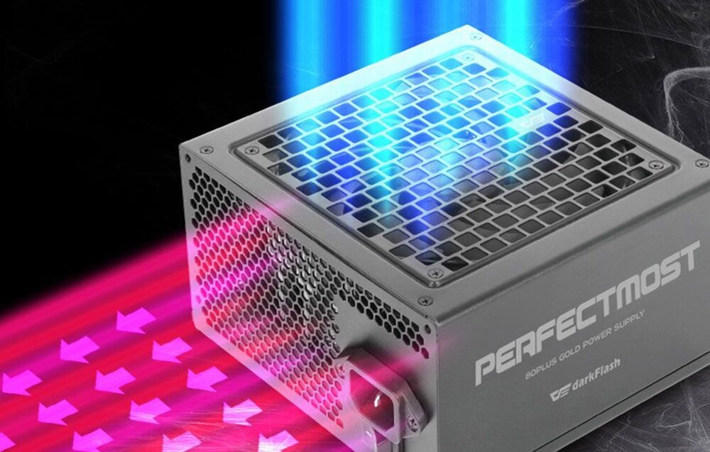 Zasilacz DARKFLASH PMT 850W 80 Plus Gold, wentylator 120 mm, chłodzenie, cicha praca, airflow, Schemat przepływu chłodnego i ciepłego powietrza.