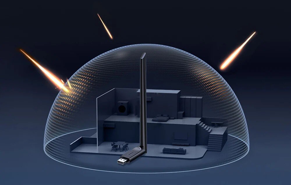 Karta sieciowa UGREEN CM763 Grafika przedstawiająca czarną kartę sieciową USB wewnątrz niebieskiej, półprzezroczystej kopuły chroniącej model domu przed spadającymi iskrami