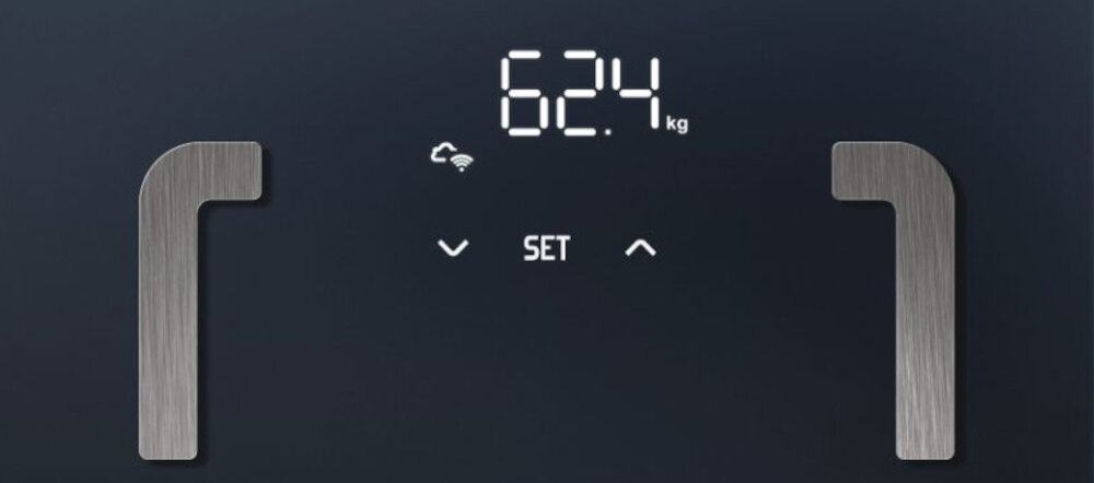 Waga łazienkowa BEURER BF 880 Wi-Fi zdjęcie lifestyle Czytelne wyniki pomiarów Wyświetlacz LED z cyframi o wysokości 28 mm 