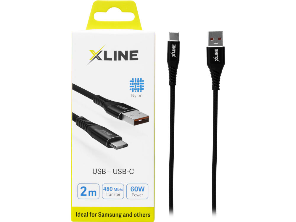 Opakowanie kabla USB - USB-C marki XLINE z napisem \'Nylon\', \'2m\', \'480 Mb/s Transfer\', \'60W Power\'. Obok opakowania widoczny jest czarny kabel z końcówkami USB i USB-C.