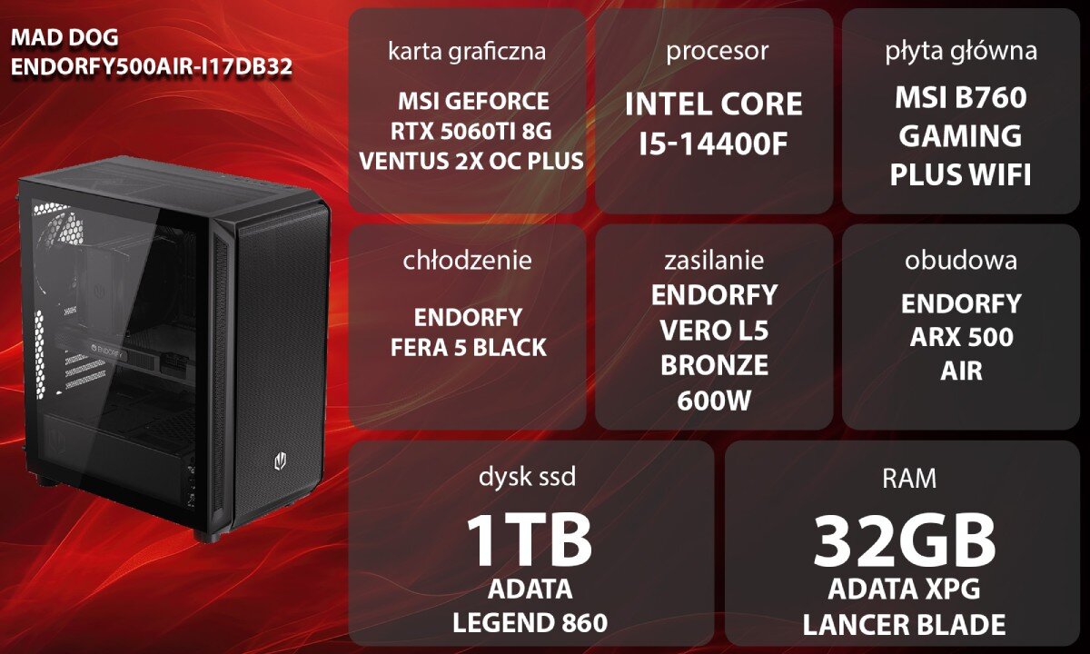 Komputer MAD DOG ENDORFY500AIR-I17DB32 Zestaw komputerowy przedstawiony z boku, z widocznymi wentylatorami i wnętrzem obudowy; obok znajduje się lista komponentów sprzętowych na czerwonym tle, opis