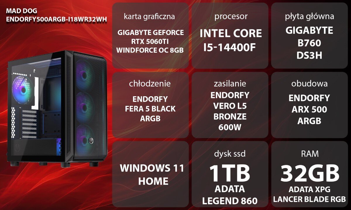 Komputer MAD DOG ENDORFY500ARGB-I18WR32WH Zestaw komputerowy przedstawiony z boku, z widocznymi wentylatorami i wnętrzem obudowy; obok znajduje się lista komponentów sprzętowych na czerwonym tle, opis